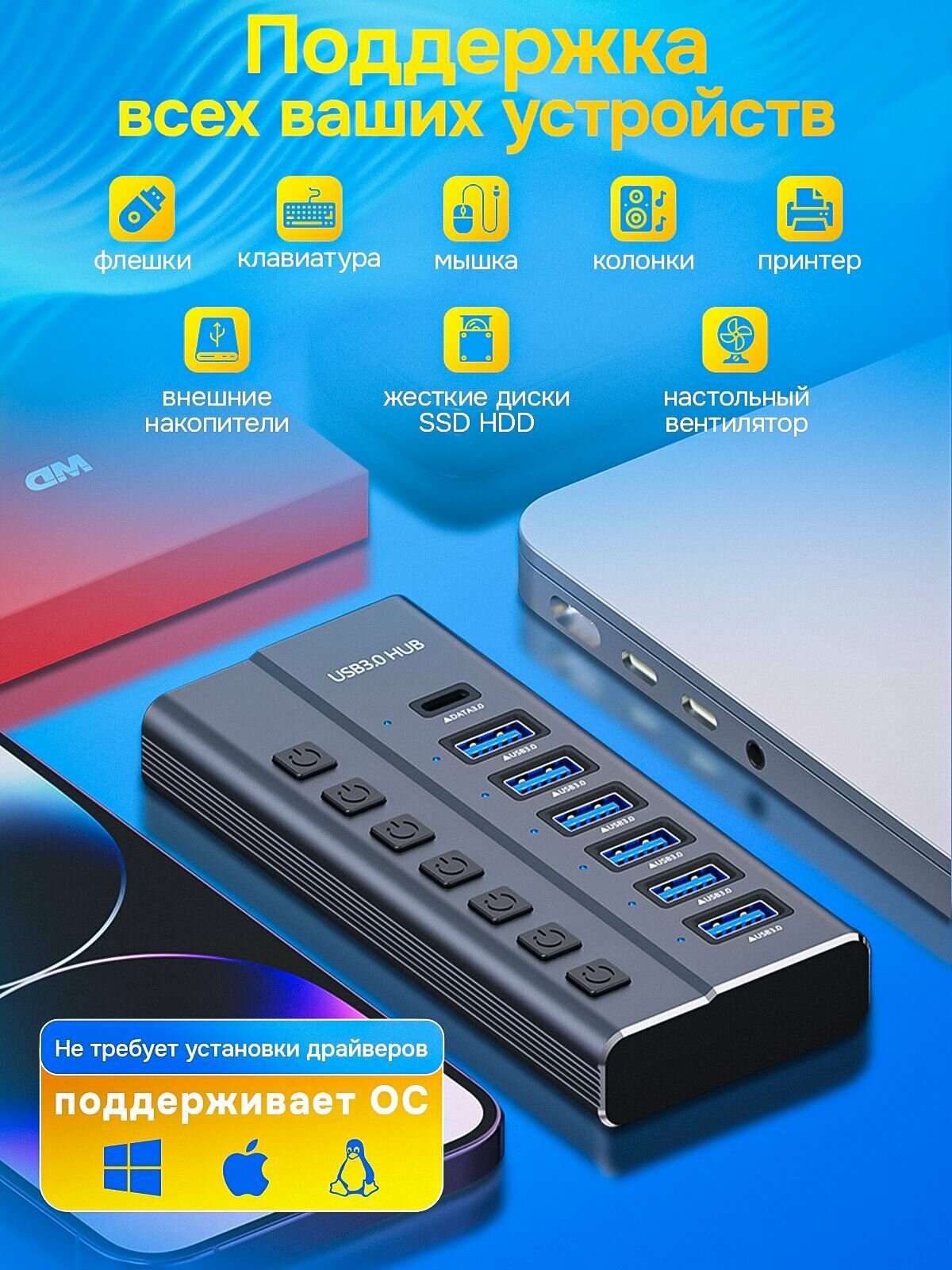 USB хаб, с портом TYPE-C, 7 портов с блоком питания — фото 1