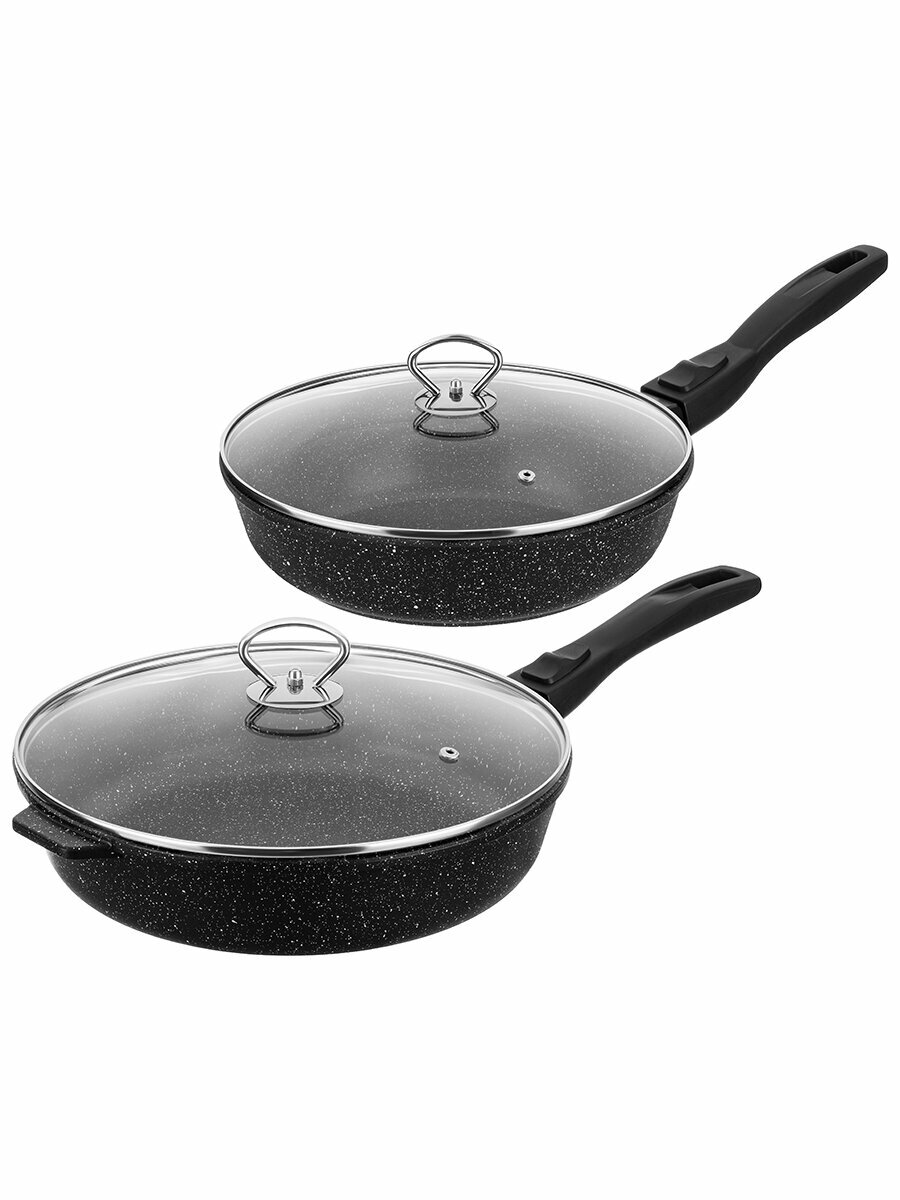 Набор 4 пр. Elan Gallery гармония вкуса Черный мрамор Сковороды 24 см + 28 см со съёмными ручками, 2 крышки — фото 1