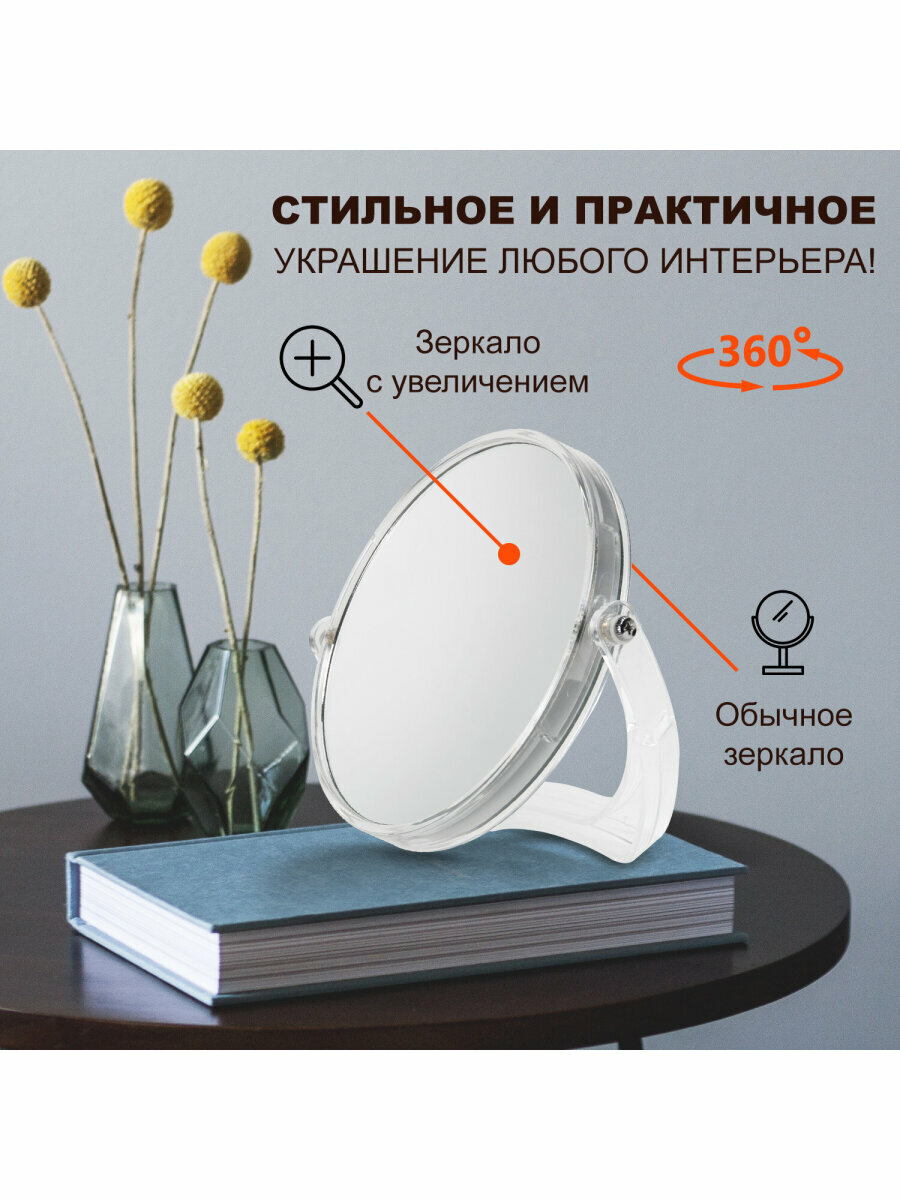 Зеркало настольное BRABIX, круглое, д.17см, двустороннее, с увеличением, прозрачная рамка, 607424 — фото 1