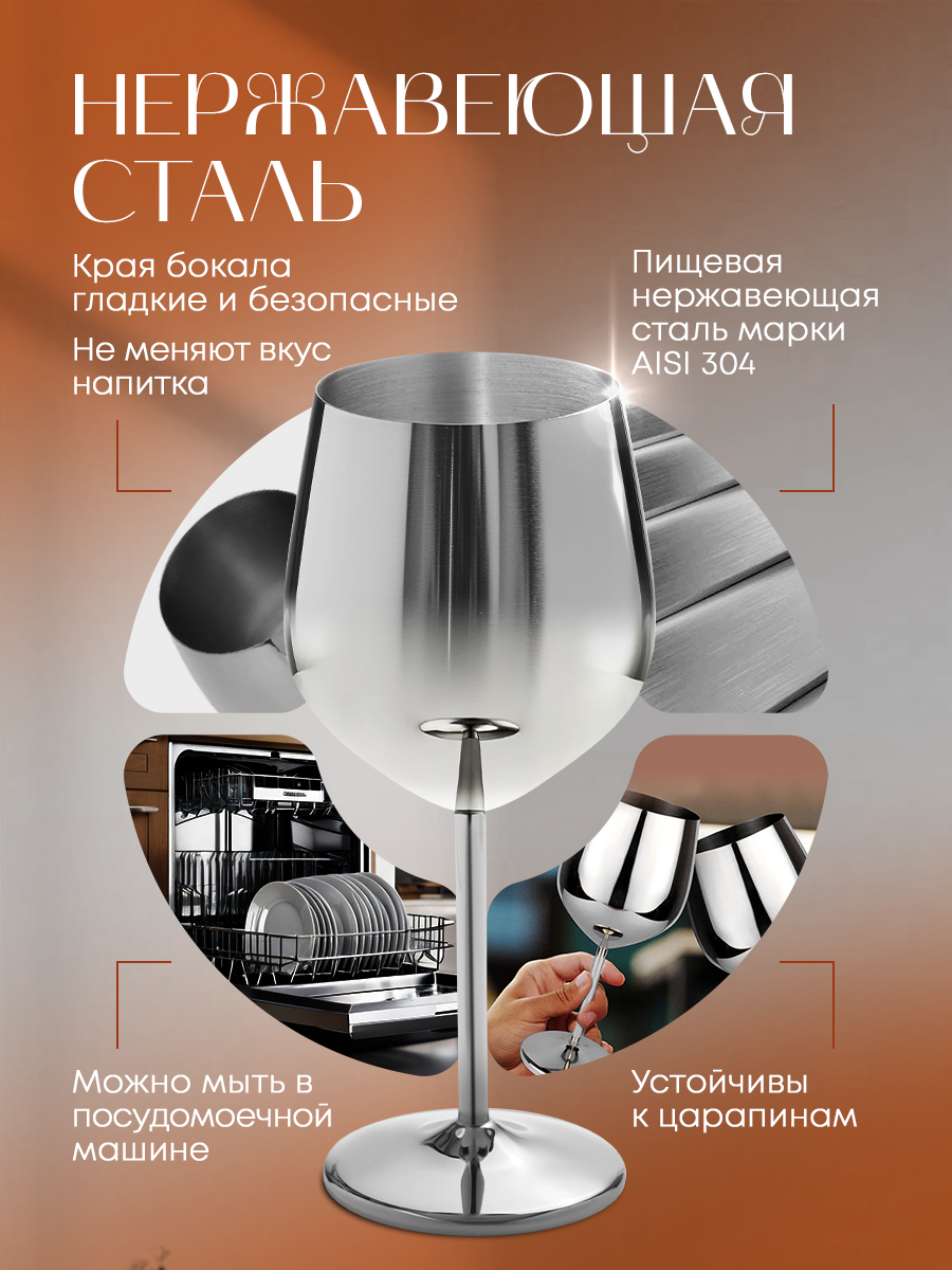Бокал для вина металлический. Ударопрочный бокал из нержавеющей стали 4 шт — фото 1