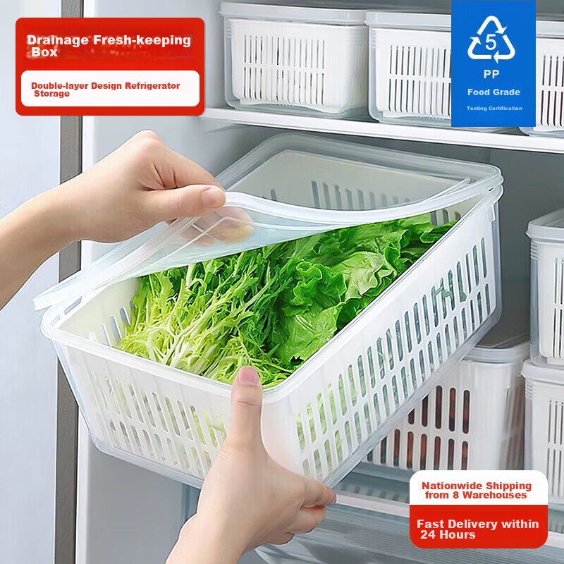 KATEI STORY Japanese Draining Food Storage Container Double-Layer Refrigerator Fruit Box Food-Grade Vegetable Basket with Lid Fruit And Vegetable Storage Box 3L