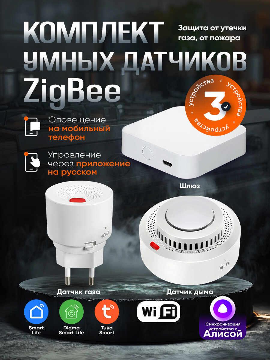 Умный Дом Zigbee: Шлюз + Датчик Дыма и Утечки Газа Мгновенное Оповещение Защита от Пожара и Газа