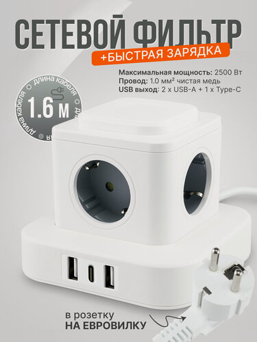 Изображение товара Удлинитель 1,6 метров с USB , 2500Вт, 2 порта USB и порт Type-C