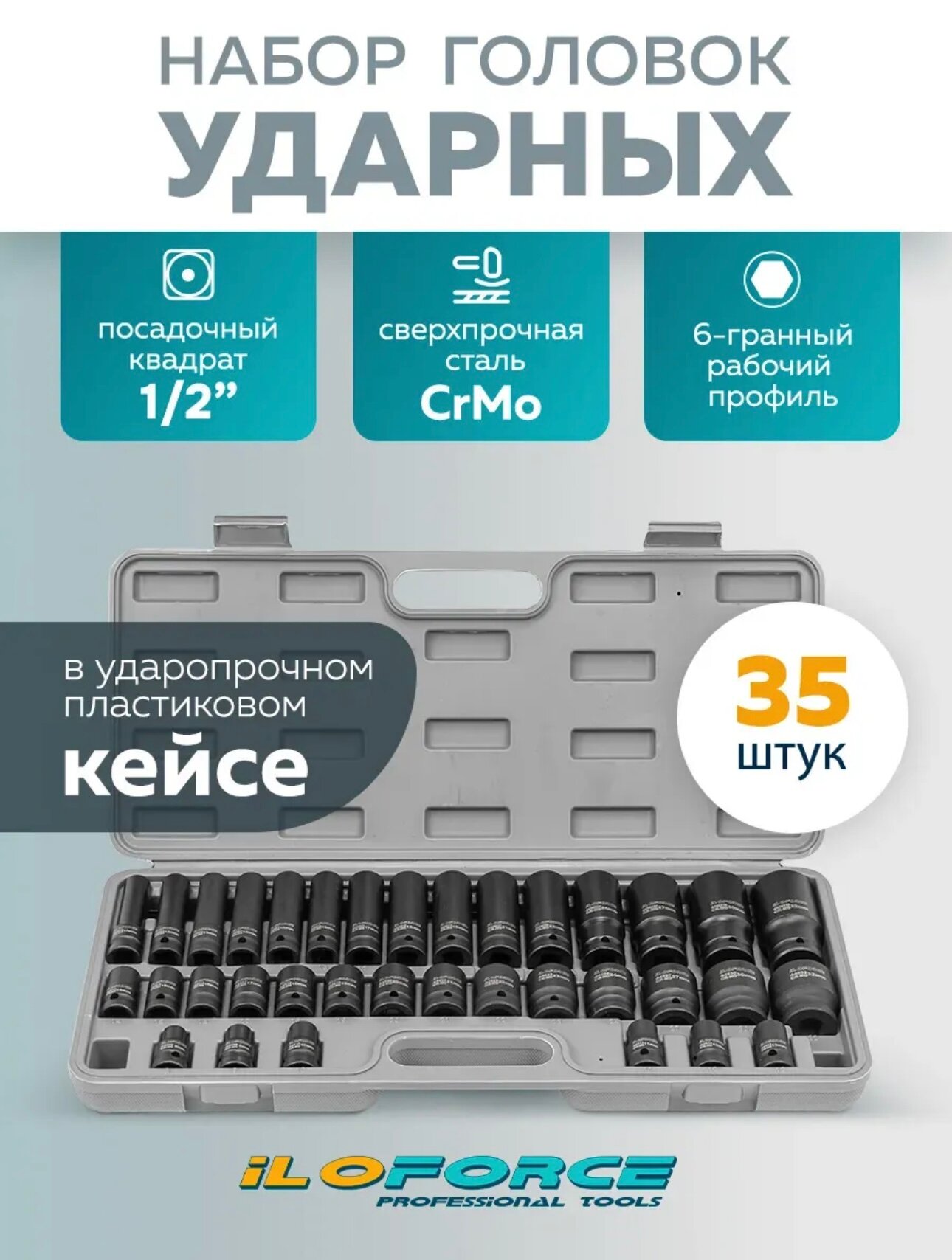 Набор ударных головок 35 предметов Forsline в кейсе, квадрат 1/2