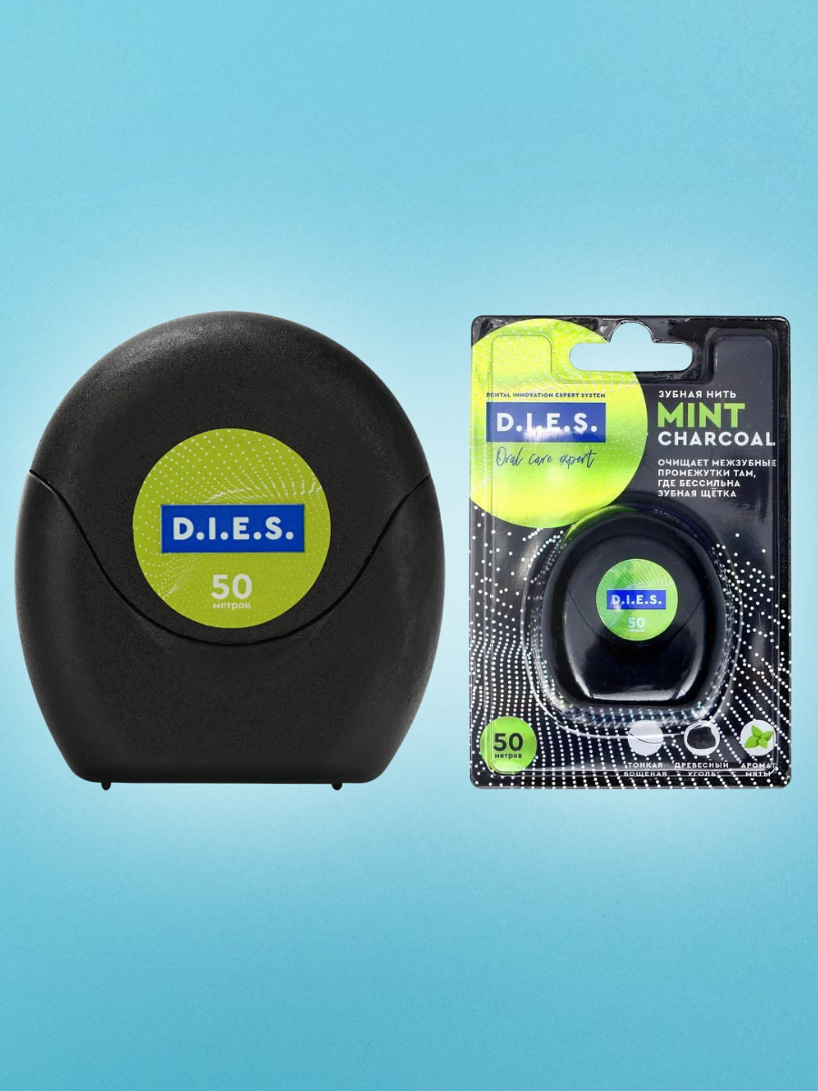 Зубная нить D.I.E.S "MINT CHARCOAL", для межзубных промежутков, 50 м, белая