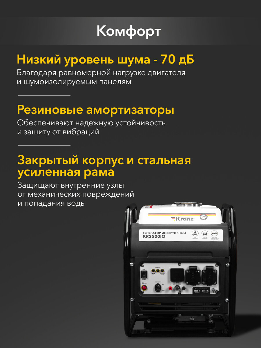 Генератор инверторный KR2500IO 2.5кВт 7л открытый корпус KRANZ — фото 1