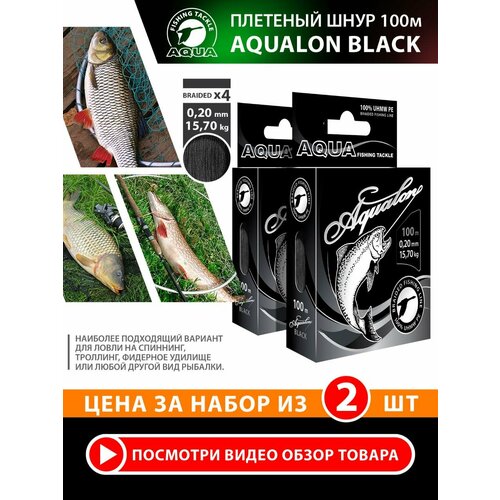 Плетеный шнур для рыбалки AQUA Aqualon 100m, 0,20mm, 15,7kg / плетенка 4 нити на спиннинг, троллинг, фидер черный (набор 2 шт)