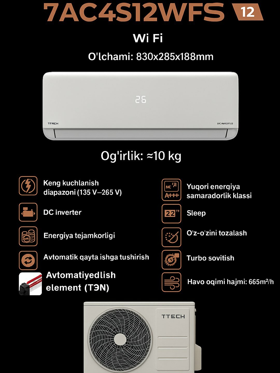 Кондиционер 7TECH, настенный, инверторный, электронный, пульт ДУ, белый — фото 1