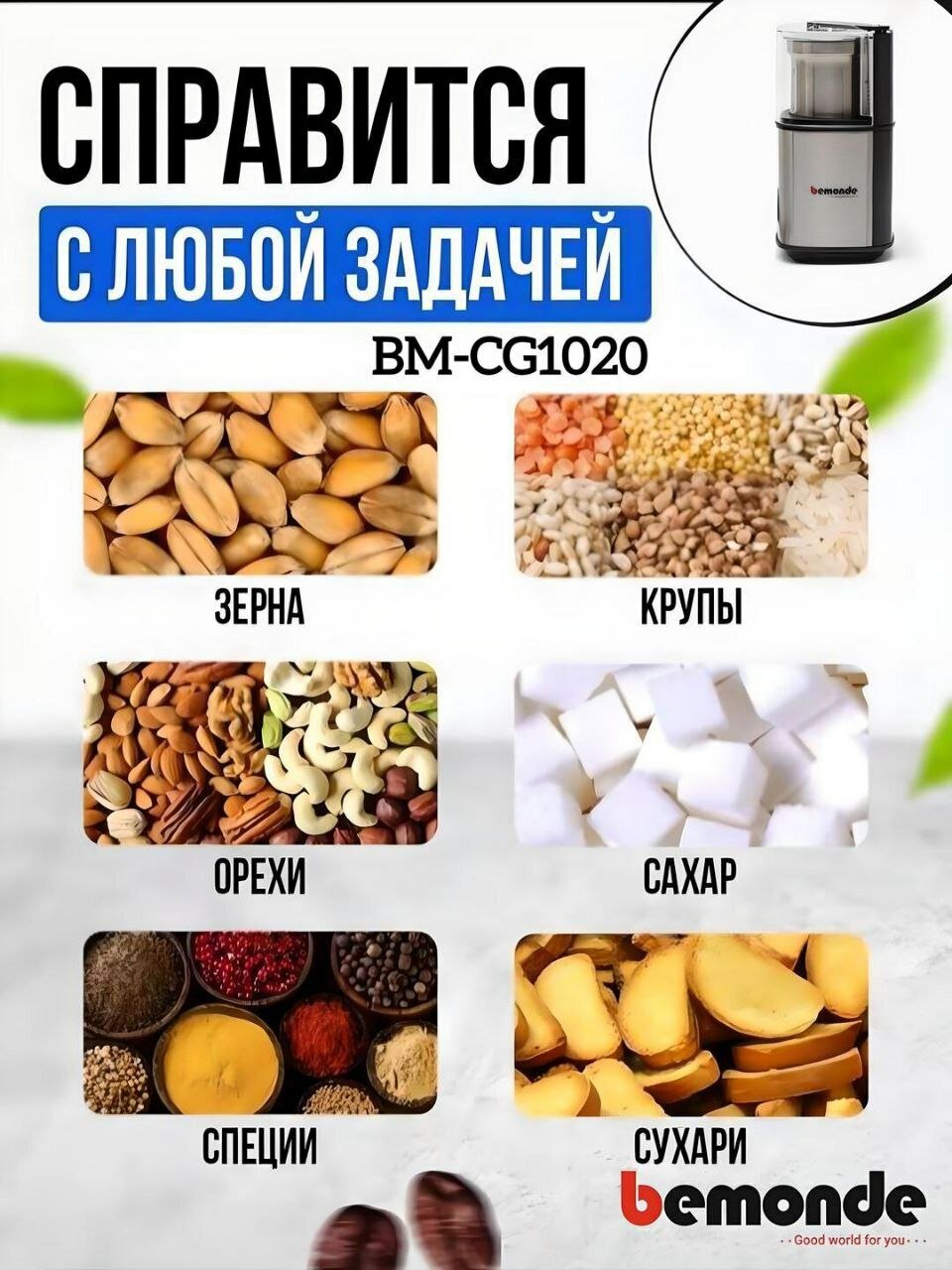 Кофемолка Bemonde BM-CG1020, мощность 300 Вт, 80г, 2 скорости — фото 1