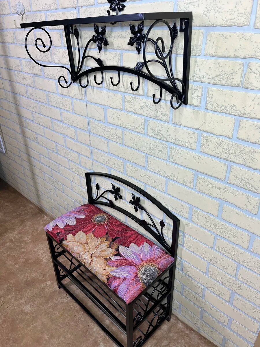 Кованая прихожая, вешалка + банкетка, Студия кованой мебели Нива, цвет амарантовый — фото 1