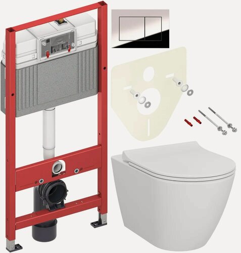 Изображение товара Комплект 3 в 1 Унитаз подвесной VitrA Sanibelle 7551B003-0075, безободковый / Сиденье 801-003-019, с микролифтом / Инсталляция с кнопкой TECE Now 9400412 цвет хром