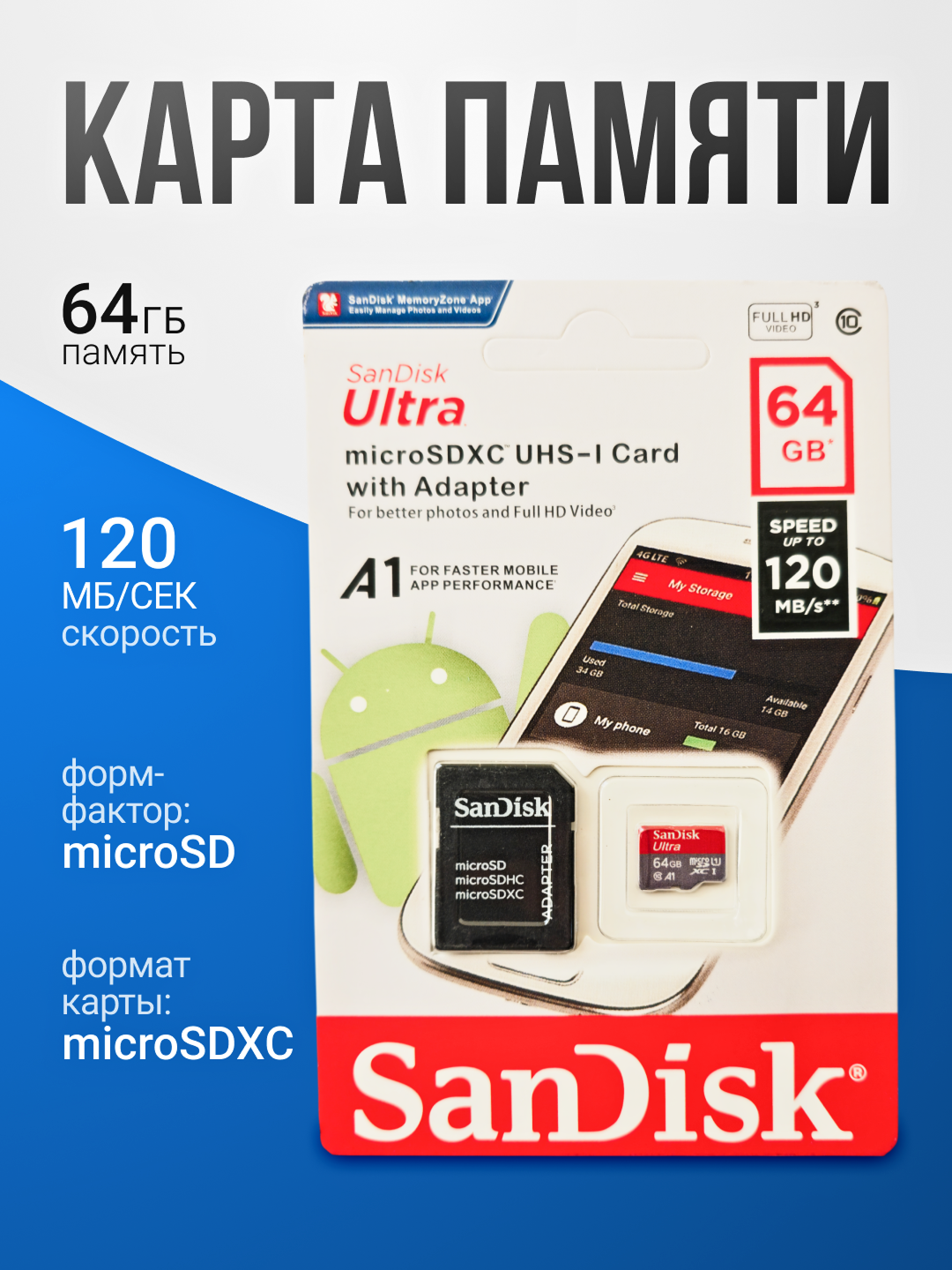 Карта памяти microSD 16/ 32 /64 / 128 /256 ГБ — для смартфонов, камер, видеорегистраторов и не только San Disk