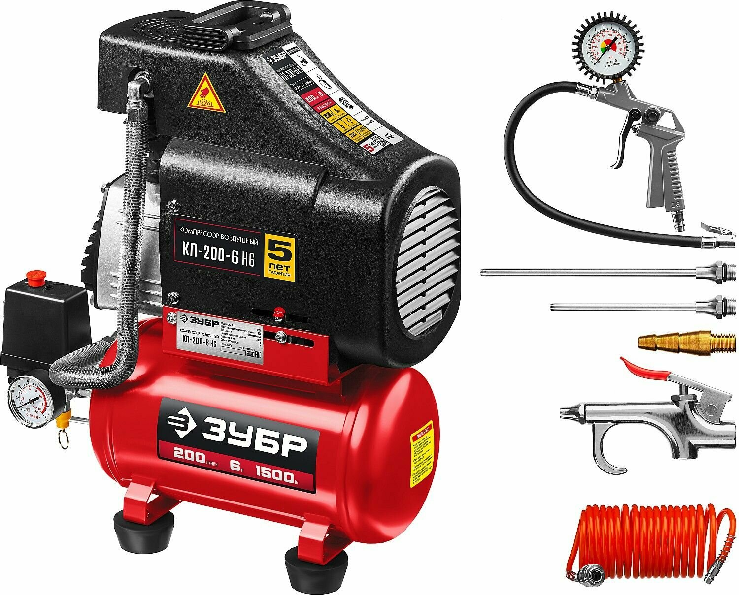 Безмасляный компрессор ЗУБР 200 л/мин 6 л 1500 Вт 6 предметов 60 Гц КП-200-6 Н6