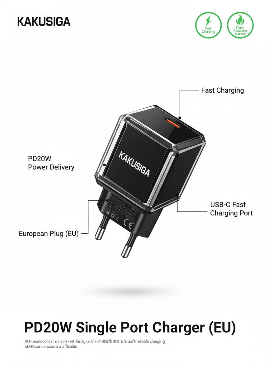 Адаптер быстрой зарядки KAKUSIGA, PD20W, USB Type C, европейская вилка, чёрный