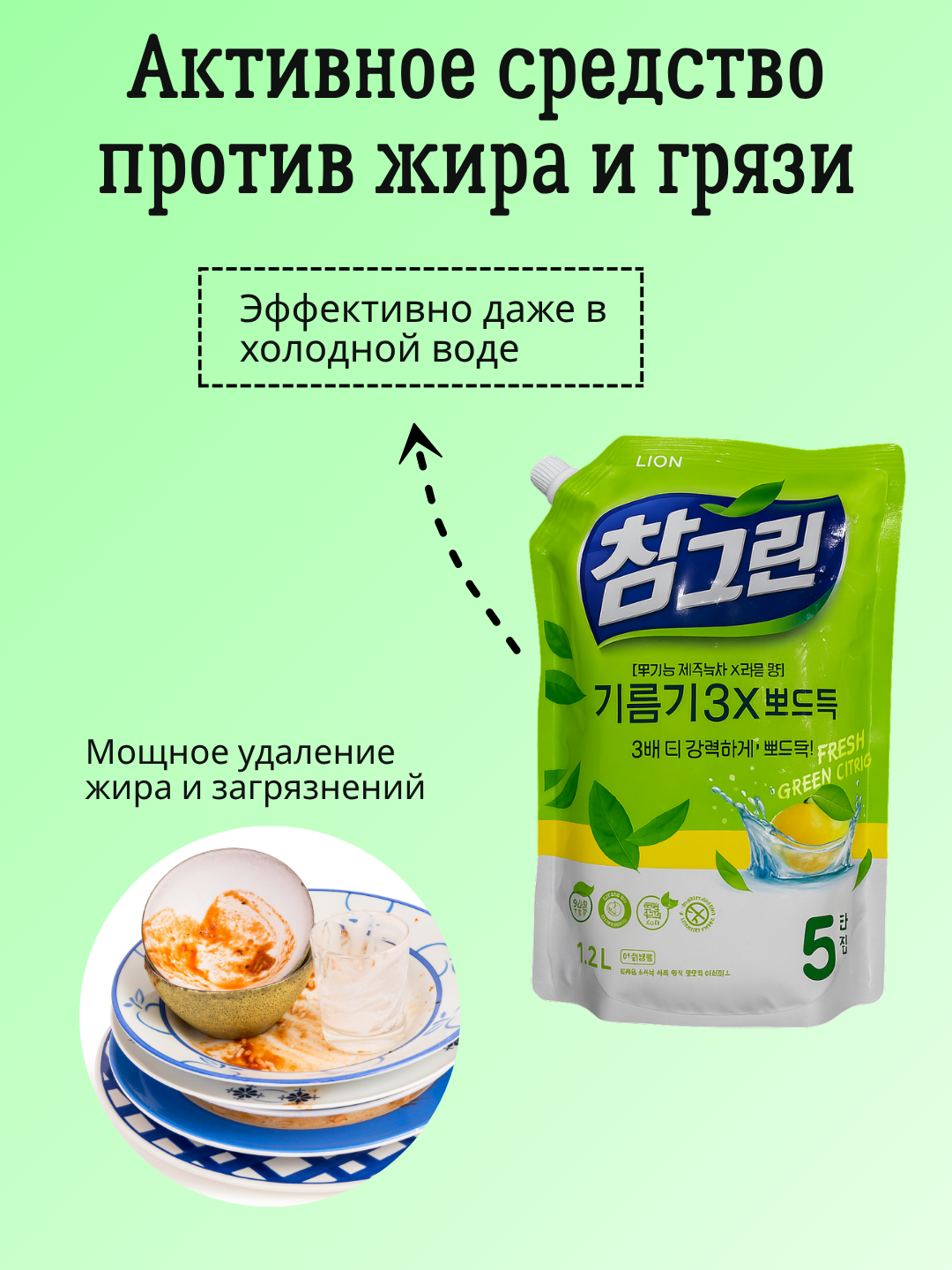 Средство для мытья посуды LION "Зеленый чай" (мягкая упаковка) 1,2L