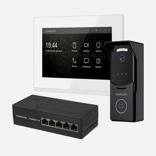 Изображение товара Комплект IP-видеодомофона Novicam IMPULSE 7 IP KIT WHITE. Видеодомофон, вызывная панель, PoE-коммутатор.
