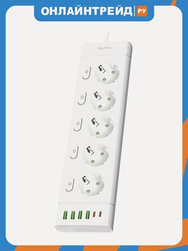 Изображение товара Сетевой фильтр Qumo Power Bar Light SPFSU2 (P-0009)(5 розеток, 3*1 мм, 4USB+2TypeC, 2м) белый (P-0009 51560)
