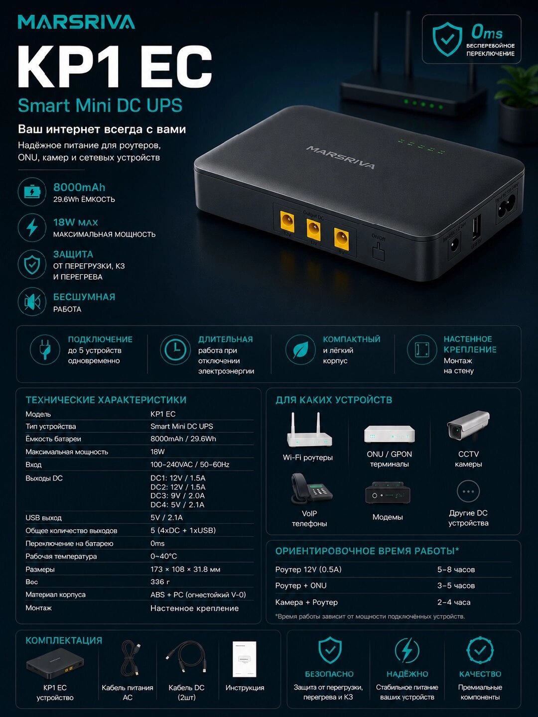 Mini UPS Marsriva KP1 EC — 8000mAh (Router va ONU uchun uzluksiz quvvat manbai