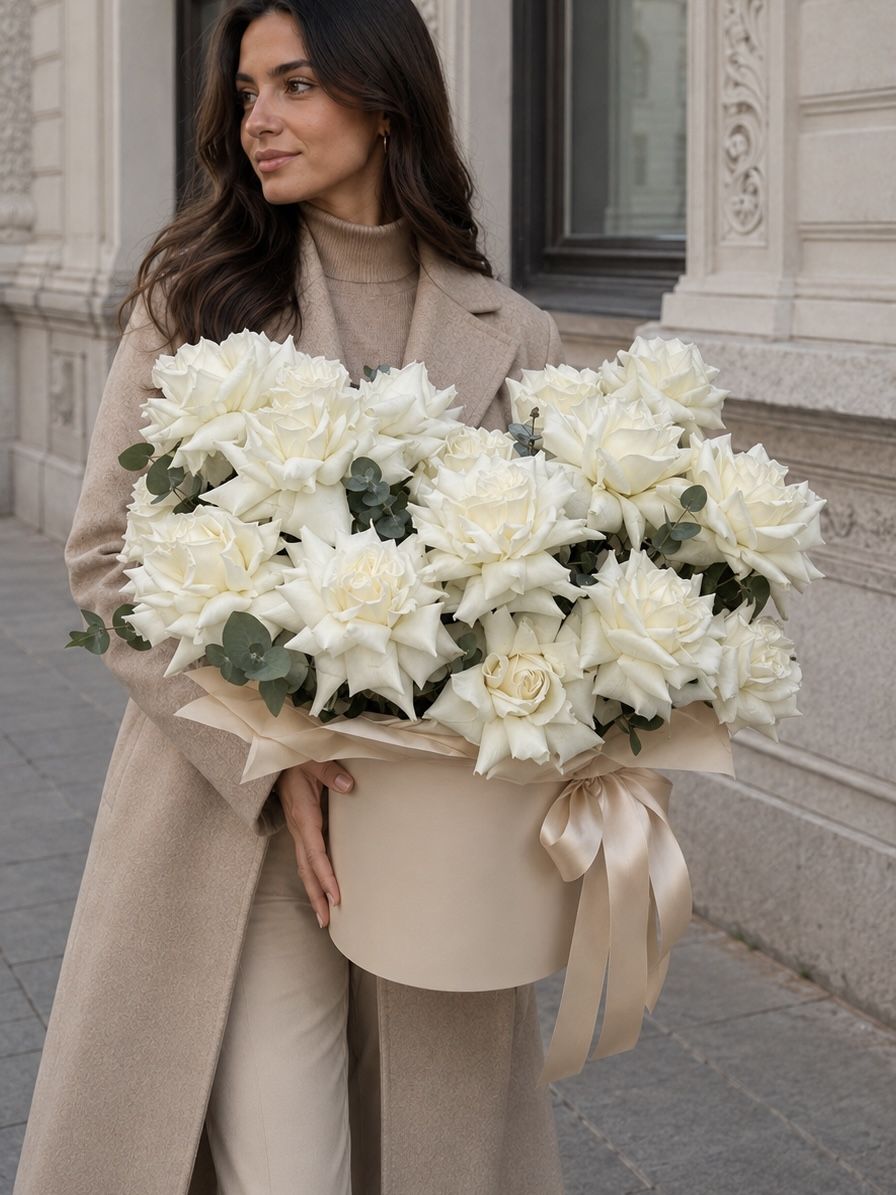 Коробка из белых роз