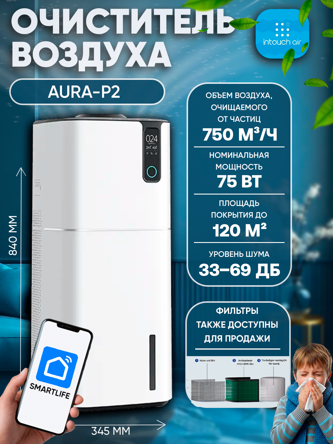 Очиститель воздуха Intouch AURA-P2, Wi-Fi, HEPA 13, до 120 кв. м, белый
