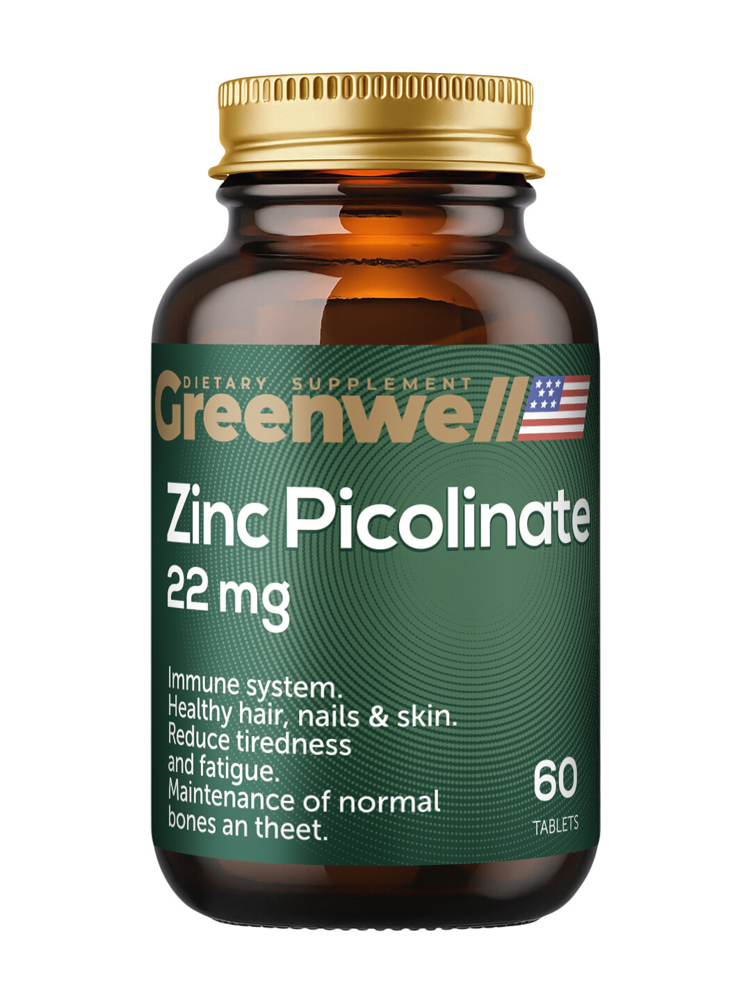 Цинк Пиколинат, поддержка иммунитета, кожи и мужского здоровья, 60 таблеток, Greenwell