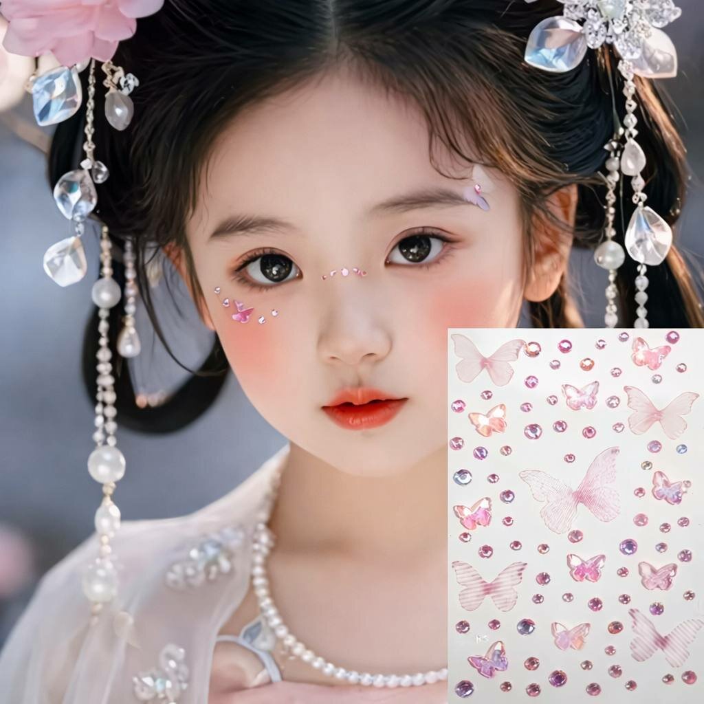 Декоративные стразы для лица, волос и тела самоклеящиеся, набор бабочки и кристаллы нежная сакура