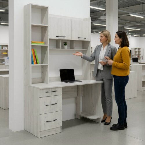 Изображение товара Стол компьютерный письменный Памир ПКС-5 с пеналом, полкой надстройкой и выдвижными ящиками, Крафт белый