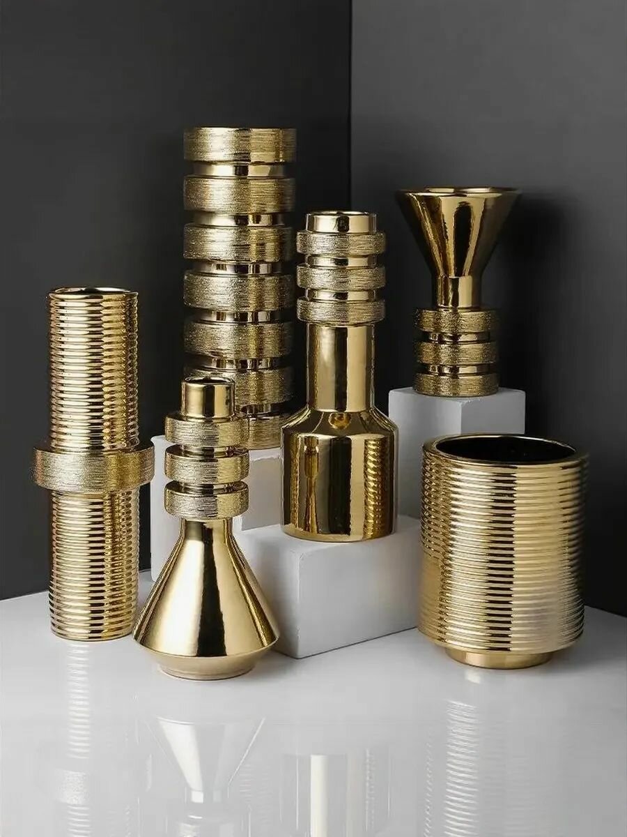 Ваза керамическая, 11*11*30см, настольное размещение, цвет золотистый — фото 1