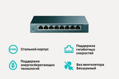 Изображение товара Коммутатор TP-Link TL-SG108 гигабитный неуправляемый, 8xRJ45 1Гбит/с, с поддержкой автосогласования и авто-MDI/MDI