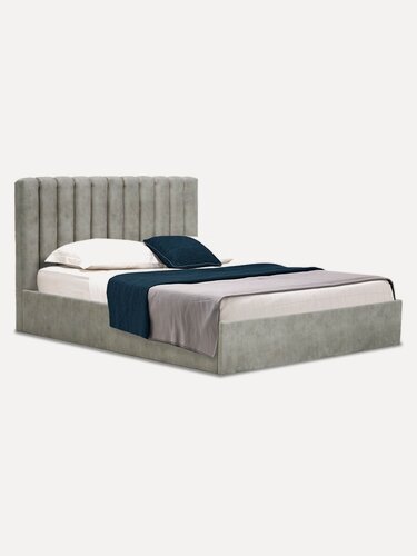 Изображение товара Двуспальная кровать Страйп 140х200 см, с подъемным механизмом и ящиком для белья, велюр светло-серый