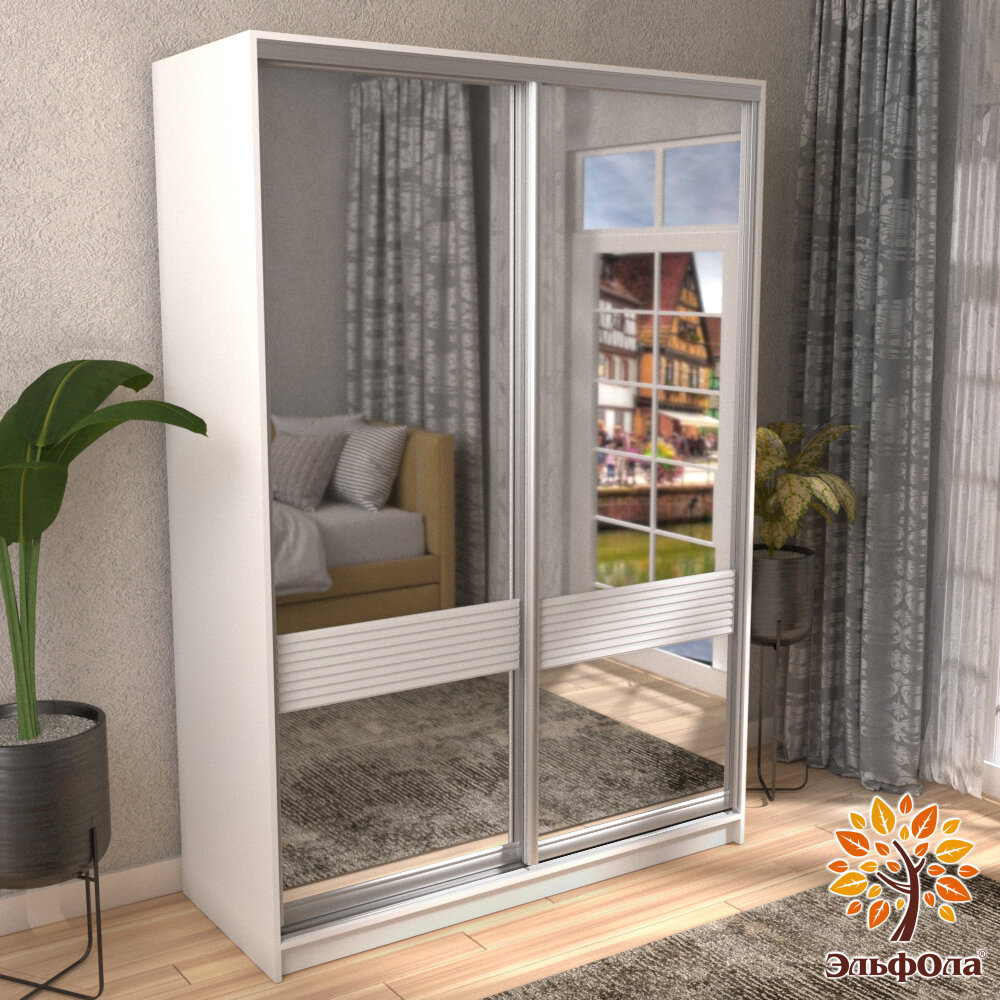 ЭльфОла Шкаф-купе "Горизонталь" 120х60х240 см, цвет белый/серебро/накладка белая, с зеркалом, для одежды, двухдверный