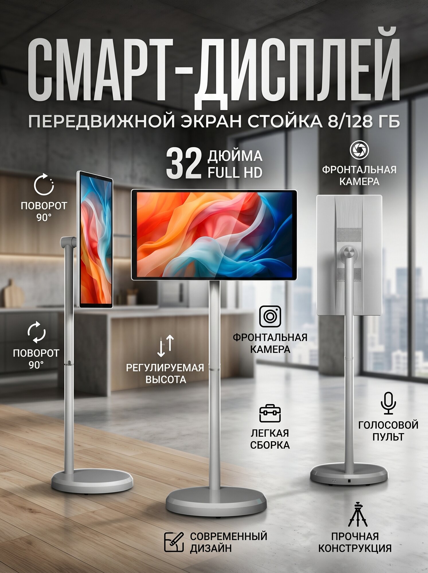 Планшет- телевизор передвижной смарт планшет на стойке(сенсорный ) с пульт управлением белый с камерой, 32" 8 ГБ/128 ГБ, слоновая кость GM3200 Mobile Smart Screen — фото 1