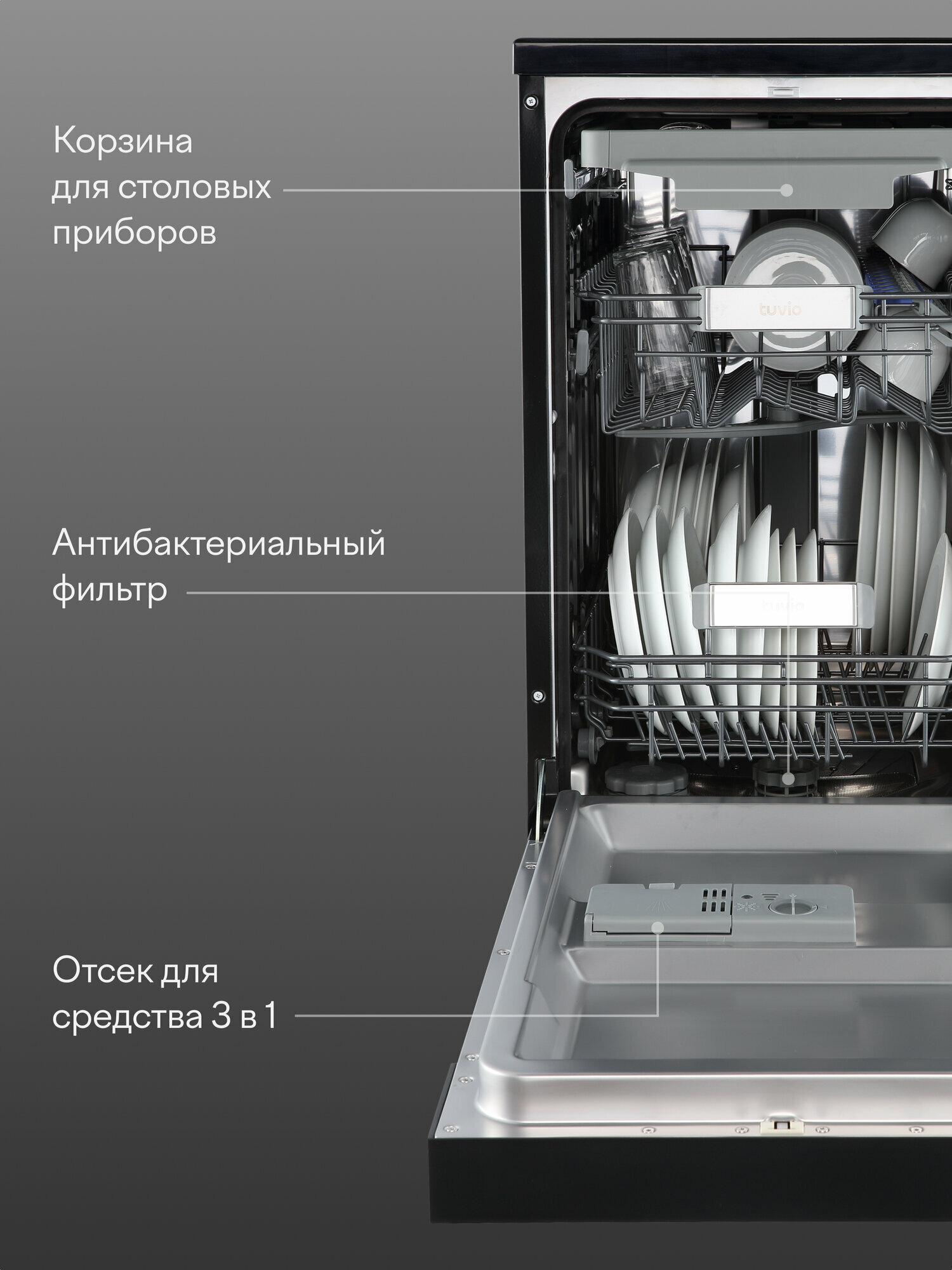 Посудомоечная машина Tuvio DF43MD6BS1, 5 лет гарантии, 45 см, 10 комплектов, 6 программ, черный — фото 23