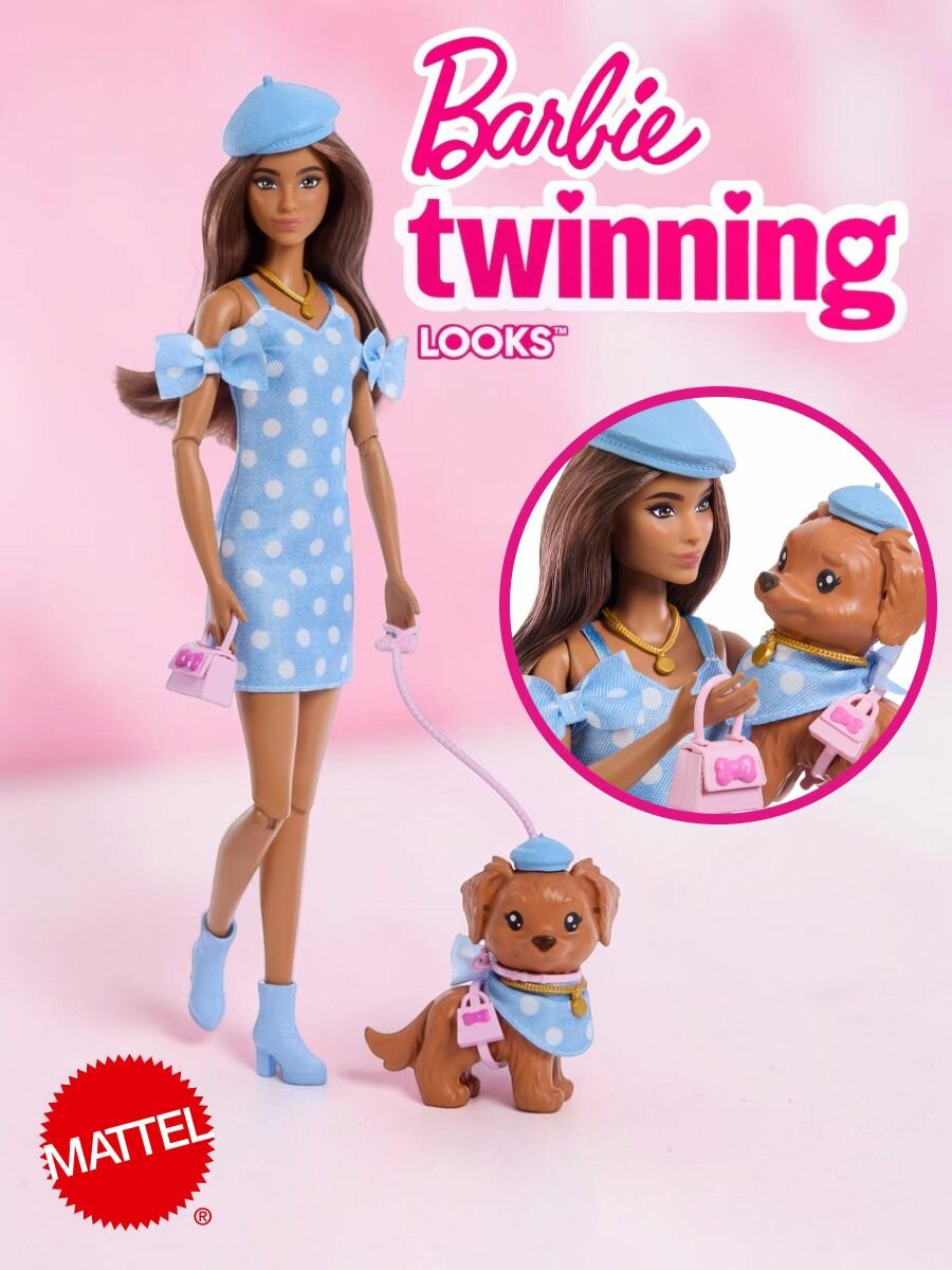 Шарнирная кукла Barbie Twinning Looks JFP38 с питомцем - собачка Барби Mattel