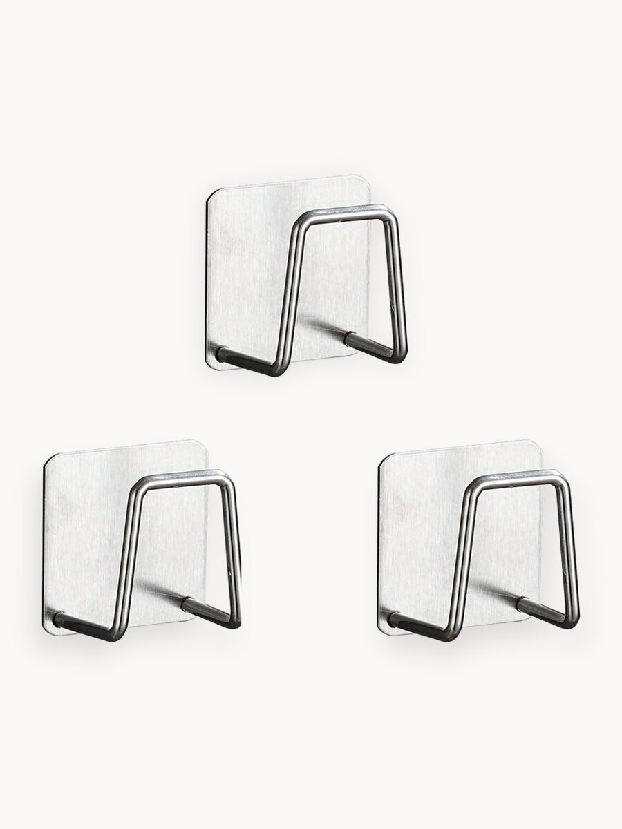 Держатель универсальный самоклеящийся для губки в раковину / Крючок металлический для кухни, ванной, Серебристый, 3 шт