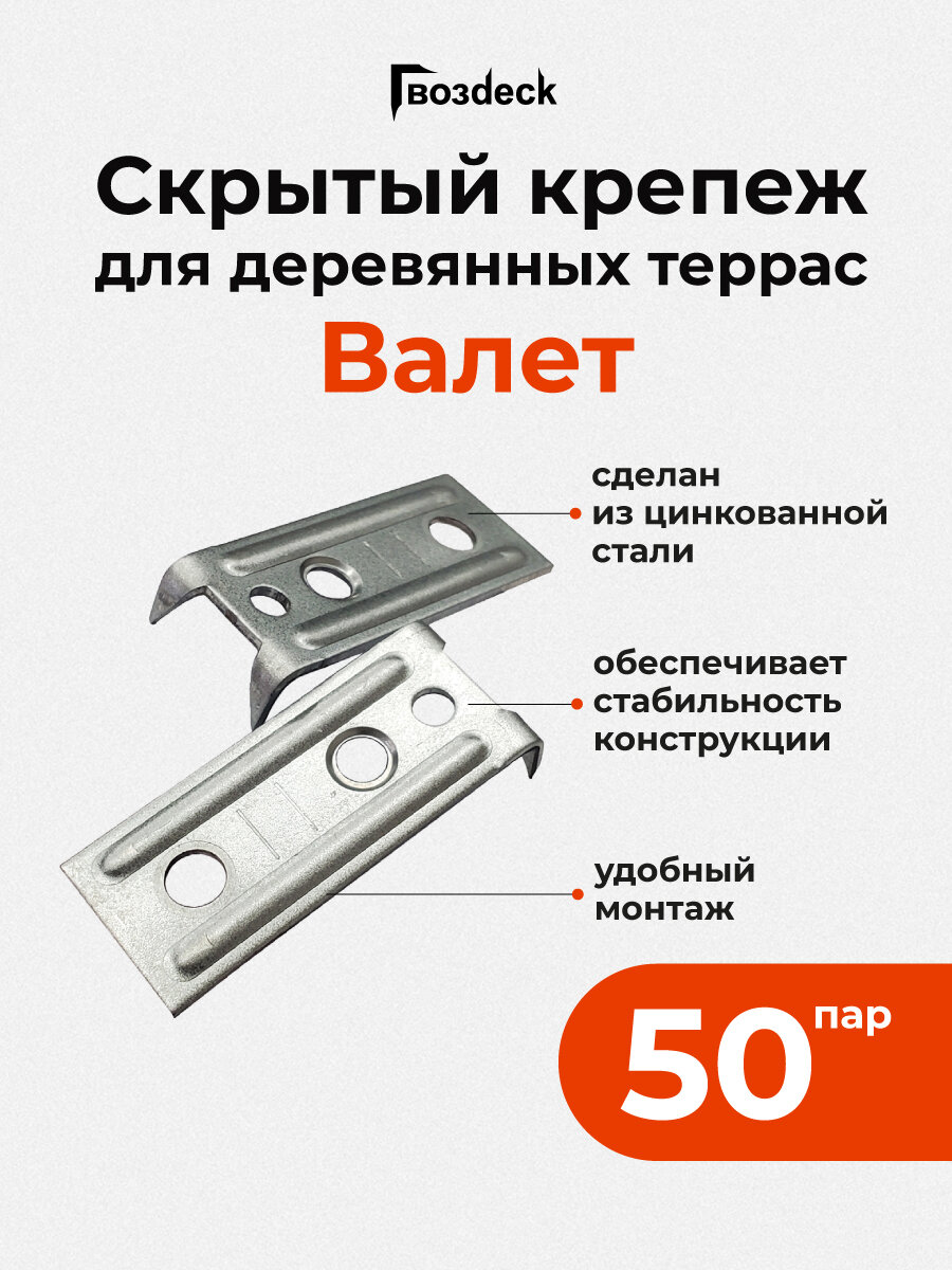 Скрытый крепеж Гвозdeck (Гвоздек) Valet для террасной доски100шт/50пар
