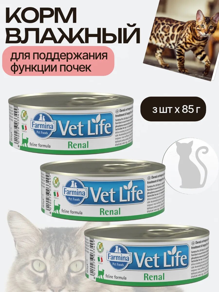 Корм для кошек Farmina Vet Life Renal супер-премиум влажный 85 г 3 шт.