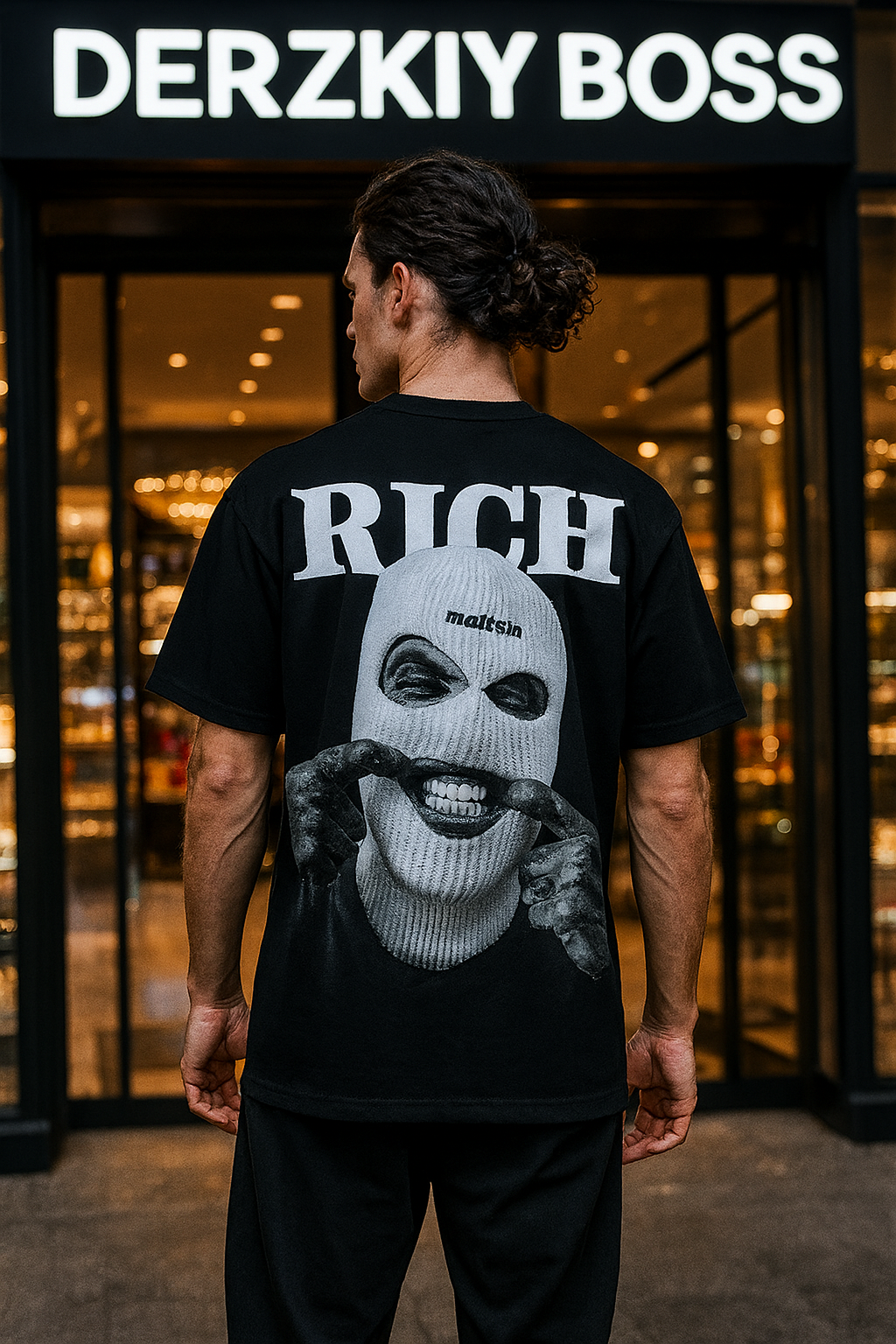 Футболка Футболка "RICH", мужская, с принтом балаклавы, дерзкий стиль, Турция, 1 шт., размер s, черный
