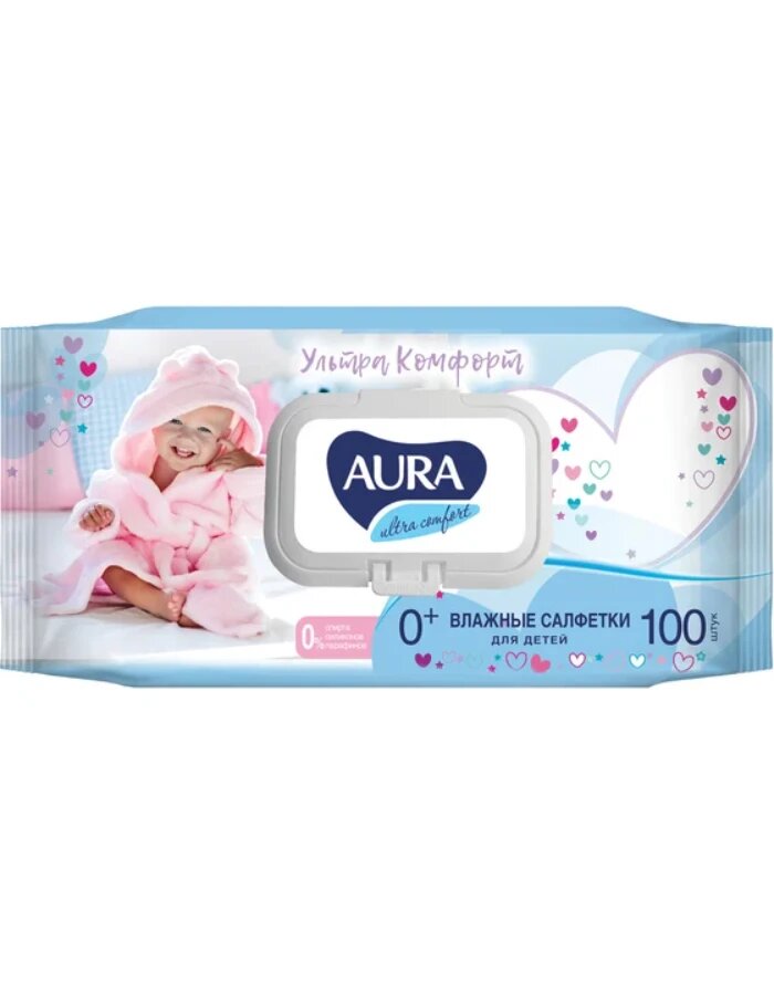 Салфетки влажные AURA для детей ULTRA COMFORT 100шт с крышкой