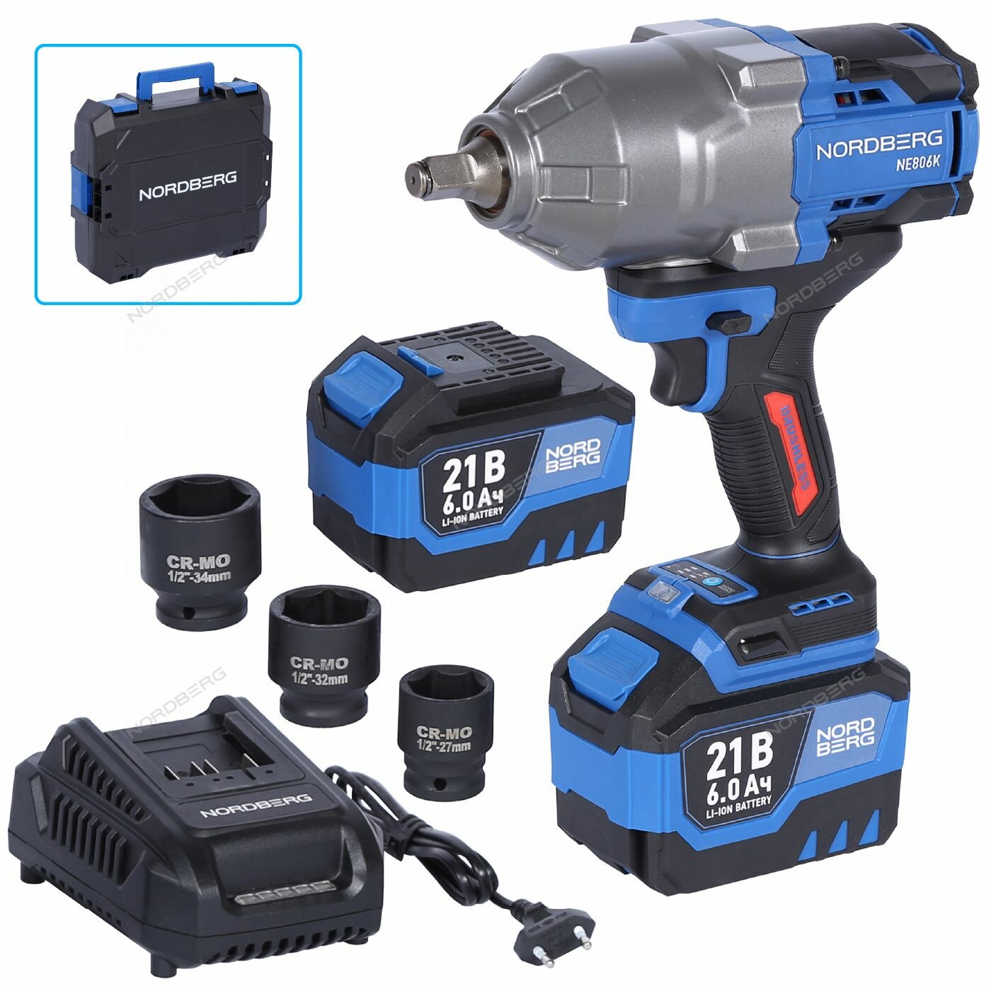 Гайковерт аккумуляторный, 3/4", 21 В, 1500 Нм, 2 аккумулятора 6 A и зарядное устройство, в кейсе NORDBERG