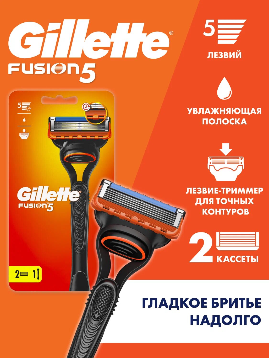 Gillette Fusion 5 Набор для бритья, 1 станок и 2 кассеты, с 5 лезвиями, c точным триммером для труднодоступных мест