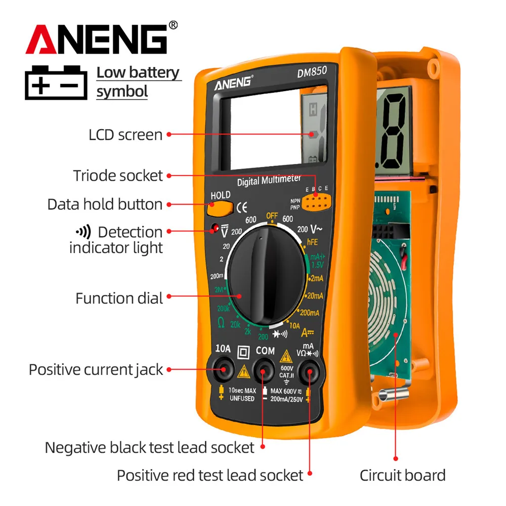 Цифровой Мультиметр ANENG DM850, измерения: V, A, R, функция hFE — фото 1