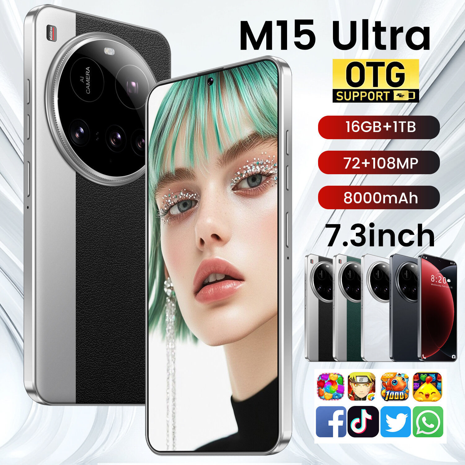 Мобильный телефон M15 ultra 16/1T, HD, 5G,7,3 дюйма，Чёрное серебро
