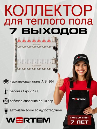 Изображение товара Коллектор для теплого пола 7 контуров WERTEM, с расходомерами, с автоматическими воздухоотводчиками и дренажными кранами