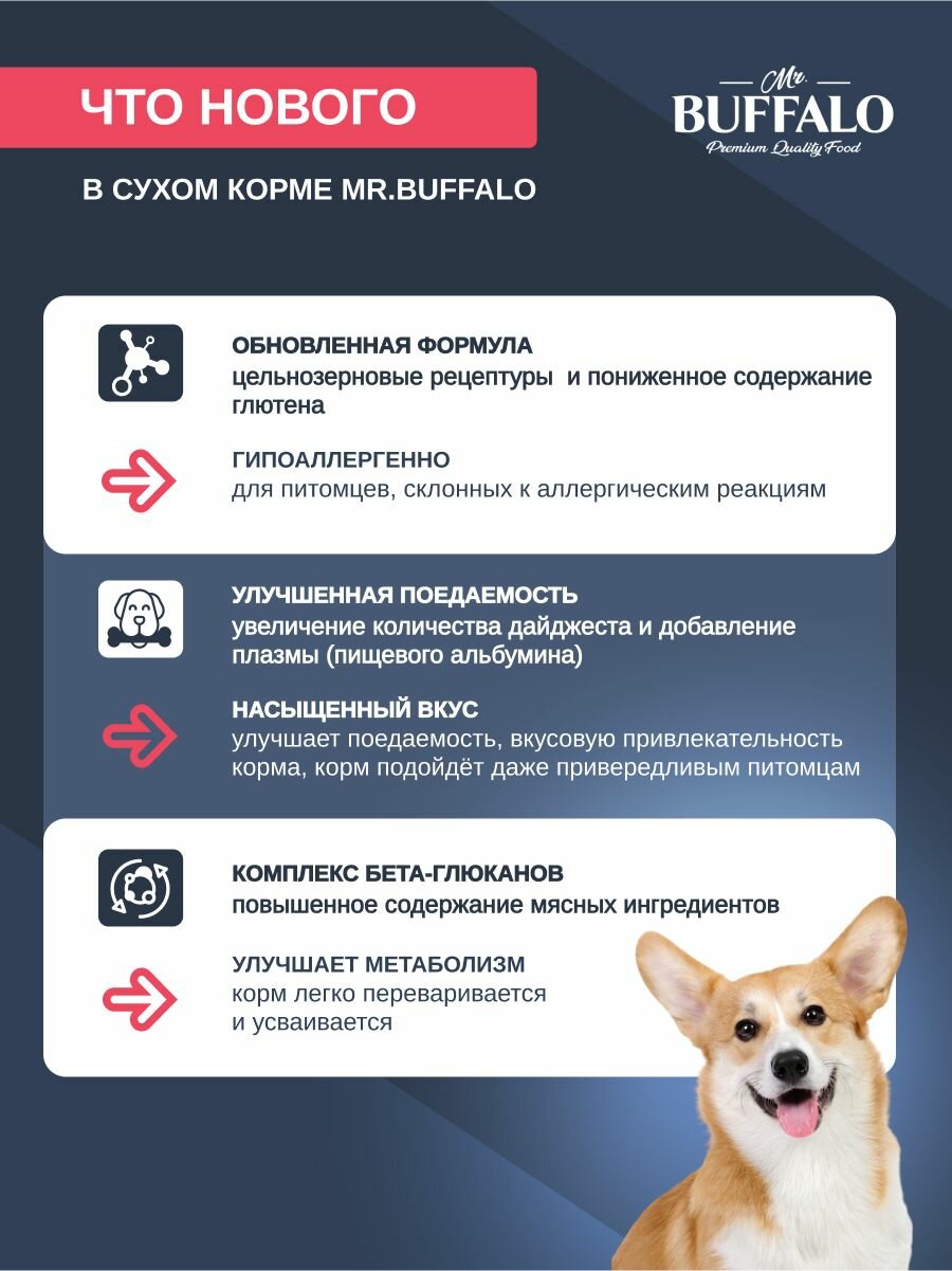 Сухой корм для собак средних и крупных пород для кожи и шерсти Баффало Mr.Buffalo Hair&Skin Care с Лососем 0,8 кг — фото 1
