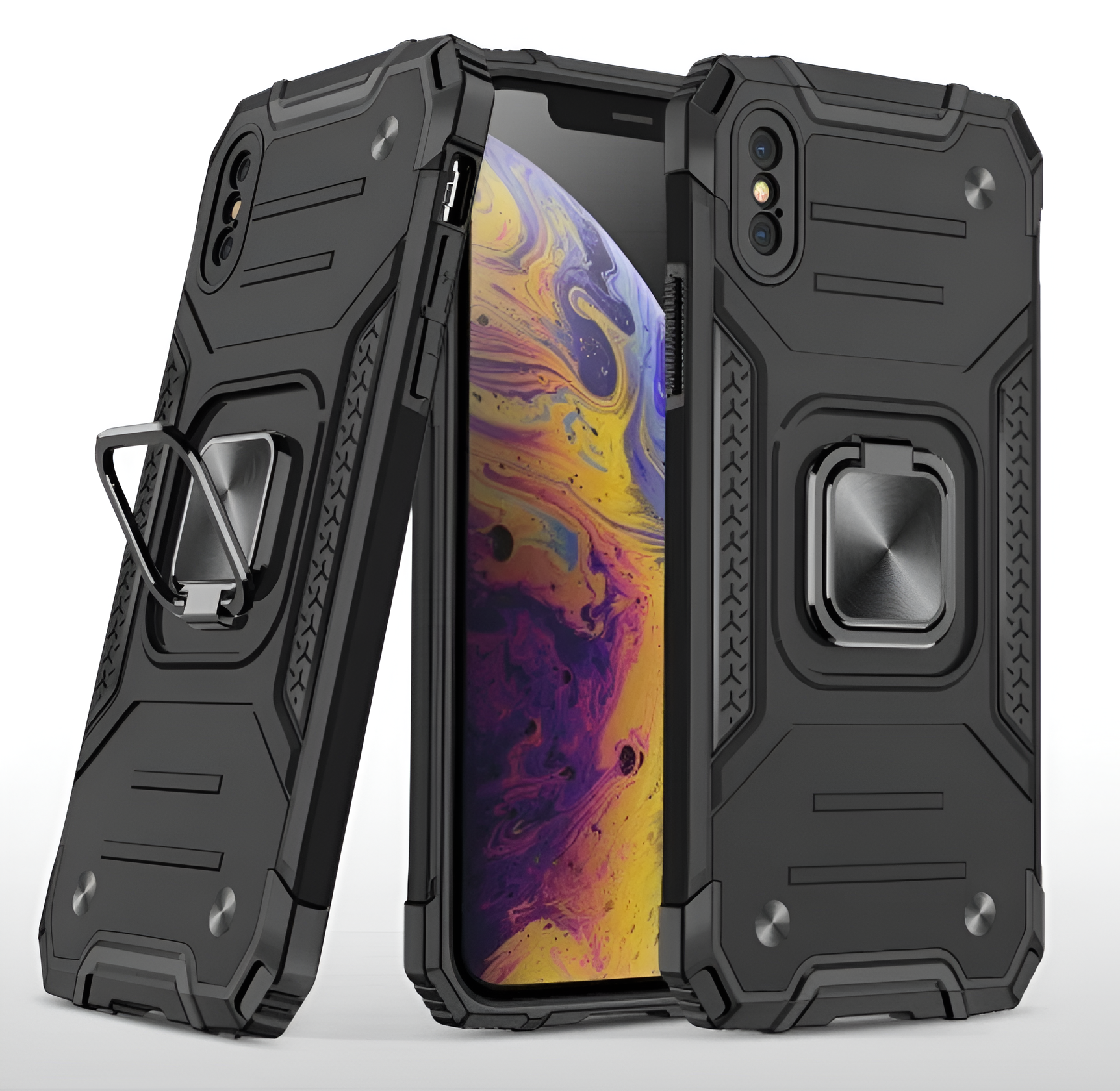 Противоударный чехол для iPhone XS Max черный с пластиной для магнитного автодержателя и кольцом подставкой