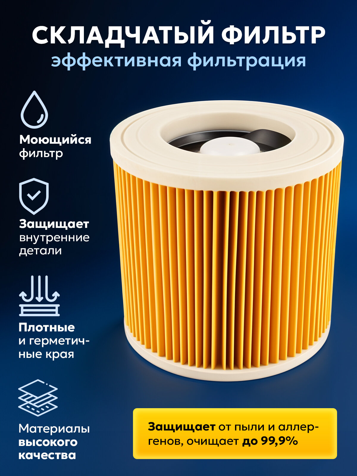 Фильтр для пылесоса Керхер WD3, WD3 Premium, WD 2, WD2 Plus, WD3 Premium, складчатый, патронный, Karcher — фото 1
