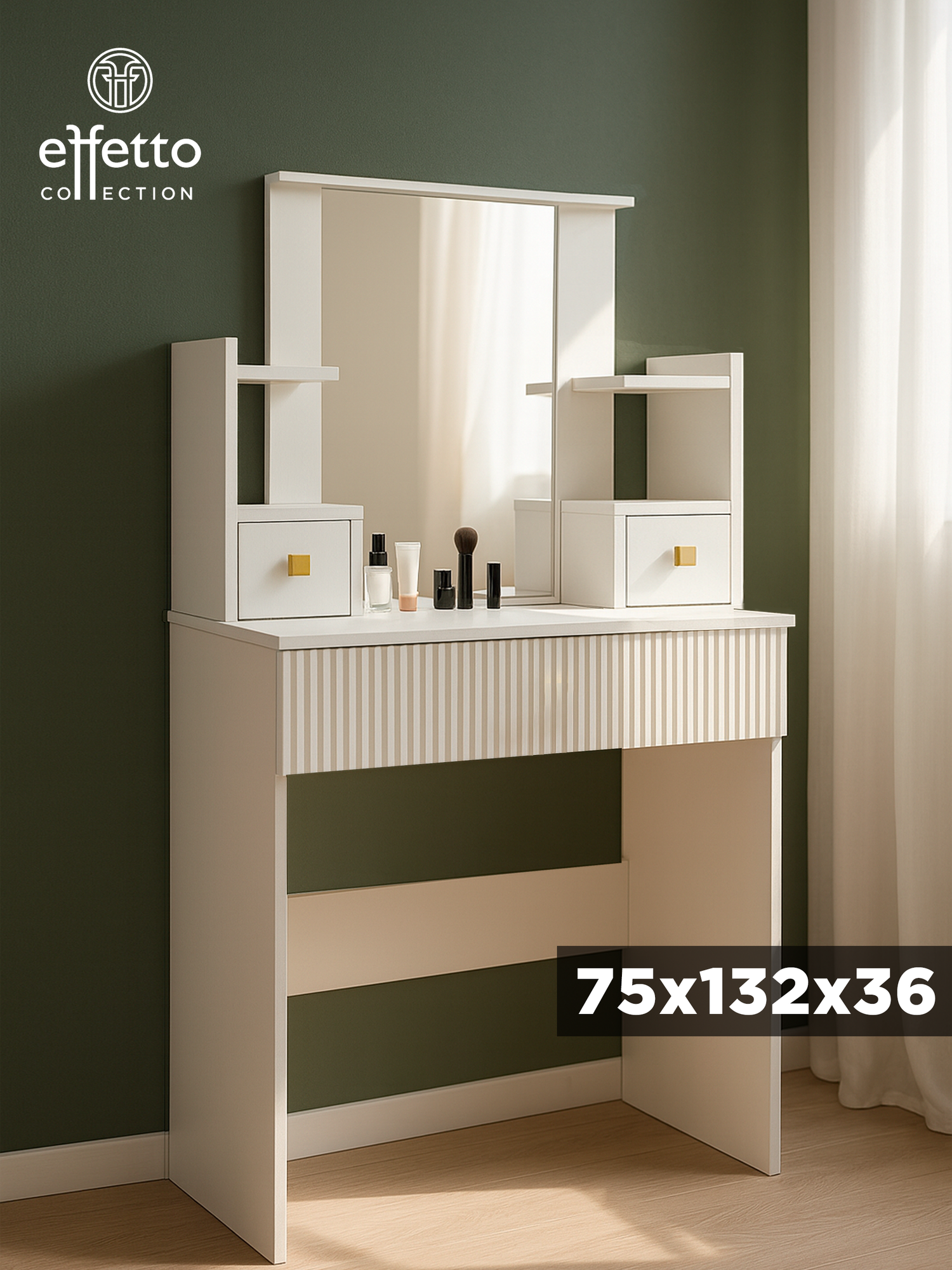 Туалетный столик с зеркалом Effetto Mattino, 75х132х36 см, цвет Белый