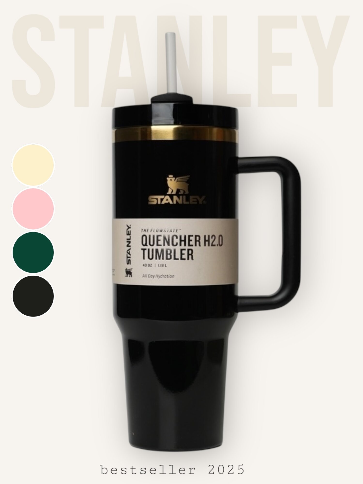 Термокружка Stanley The Quencher Н2.0 1180 ml, чёрная глянцевая, с трубочкой
