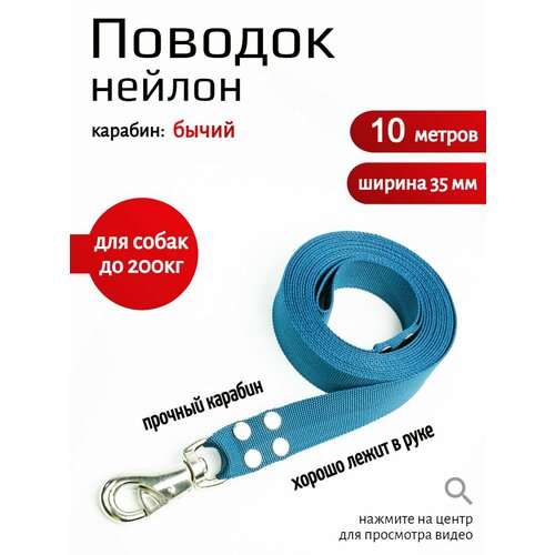 фото Поводок хвостатыч для собак с бычьим карабином нейлон 10 м х 35 мм (темно-синий)